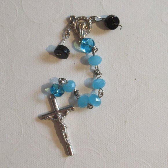 Vintage Rosary, Sapphire Blue & Black Beads, Ave Maria, Crucifix, - Picture 2 of 13